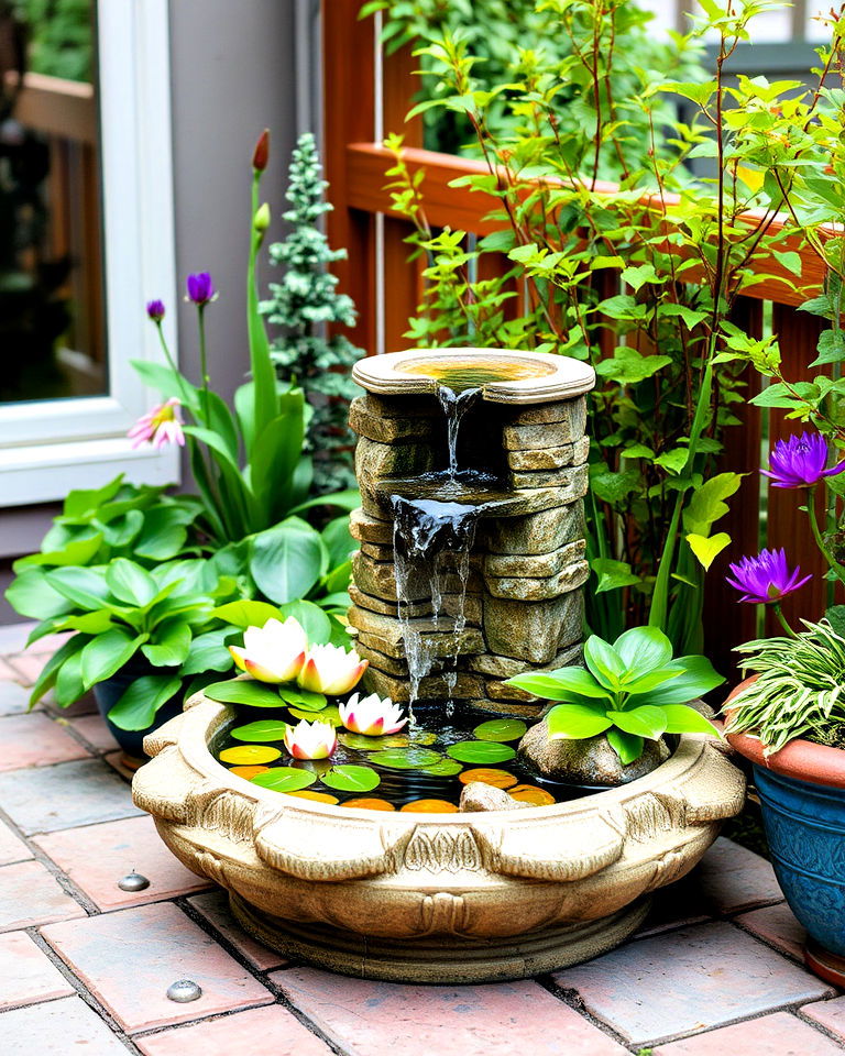 small patio garden with a miniature water feature