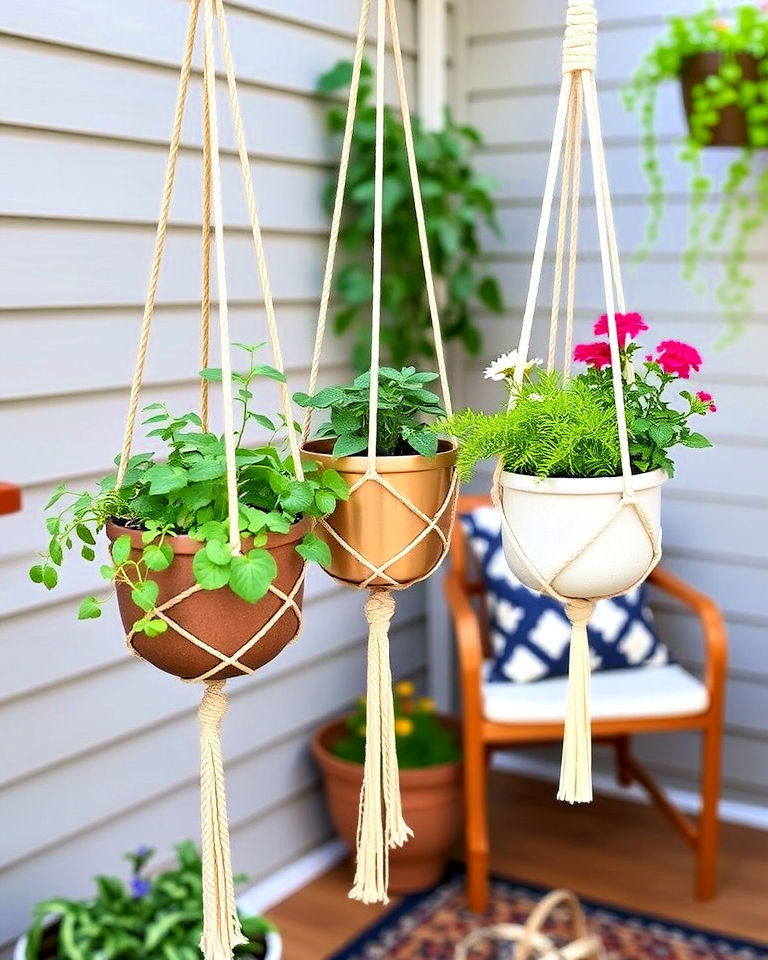 small patio garden with hanging planters
