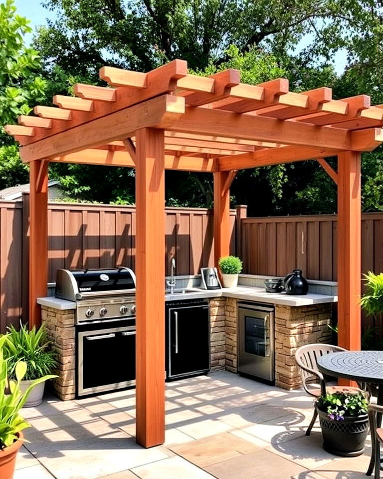 small pergola with an outdoor kitchen