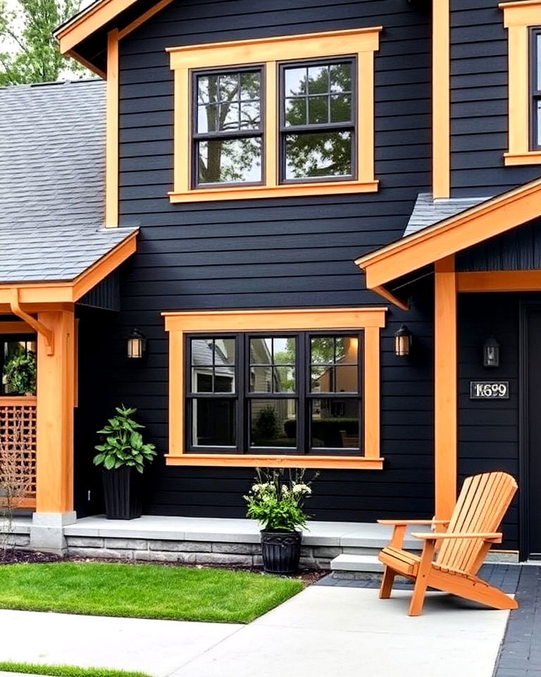 smoky black house with maple trim