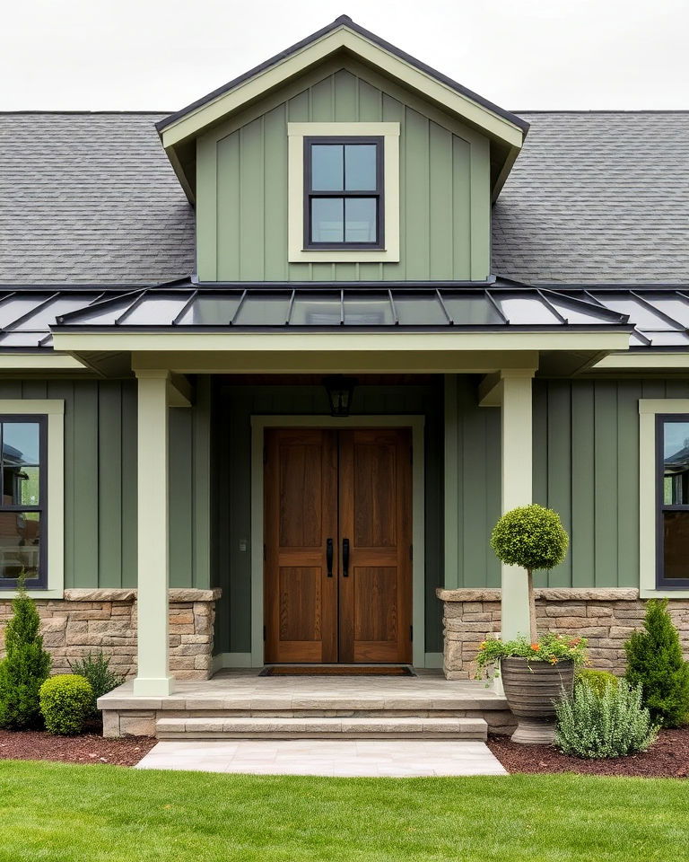 smoky green farmhouse exterior with metallic accents