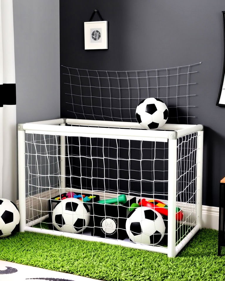 soccer goal inspired toy storage for nursery