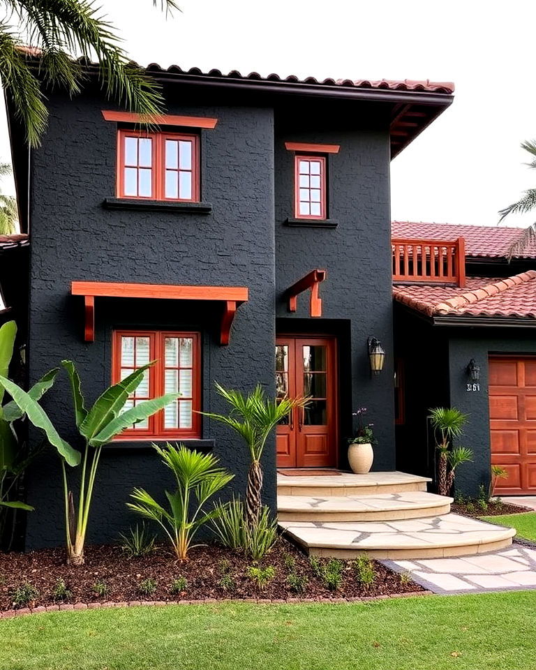 soft black stucco with mahogany details