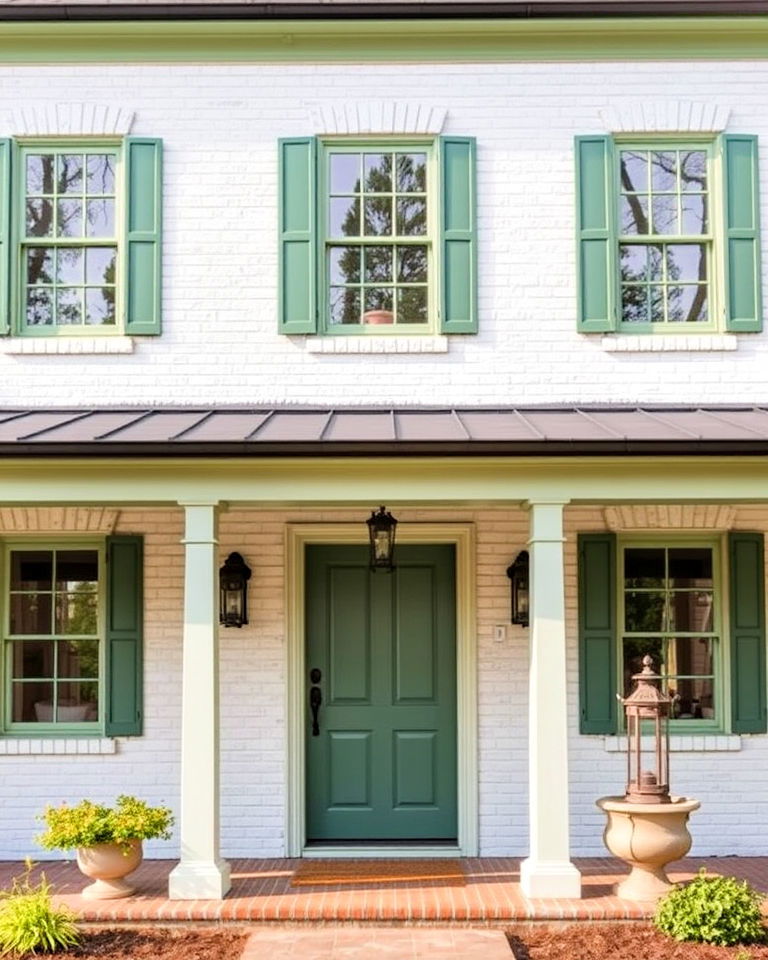 soft fern green farmhouse exterior with whitewashed brick