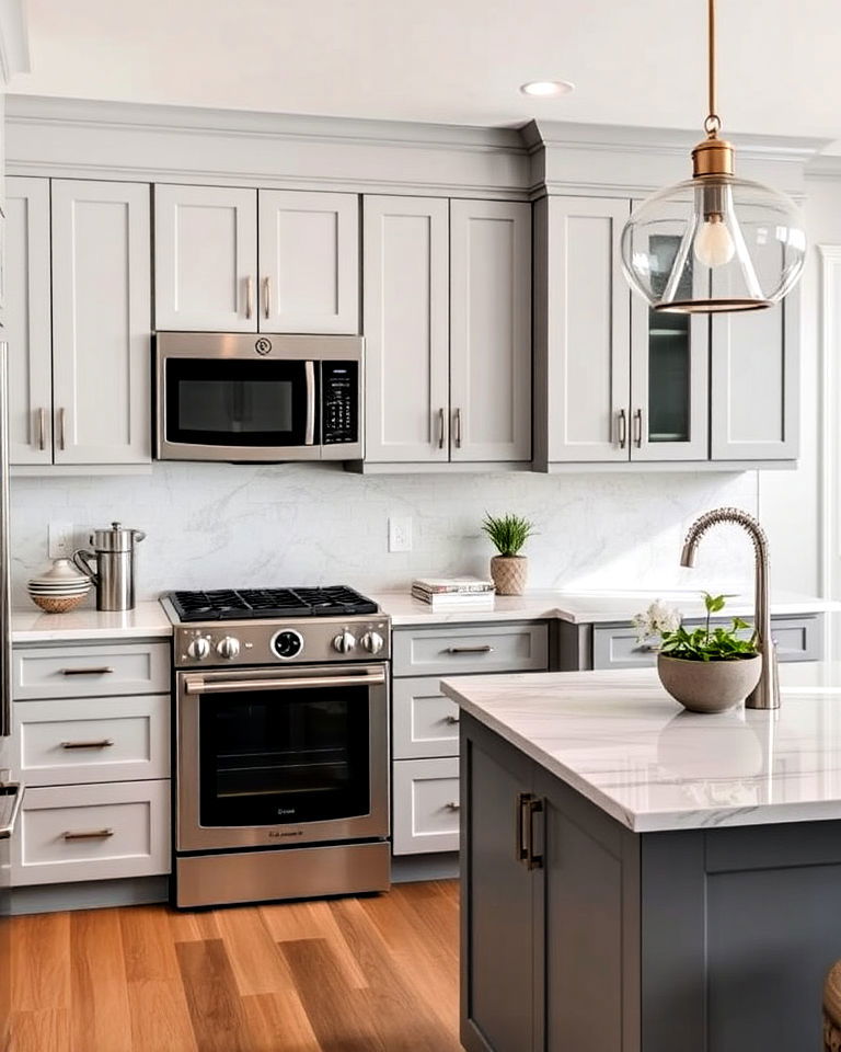 soft grey kitchen cabinets with white marble countertops
