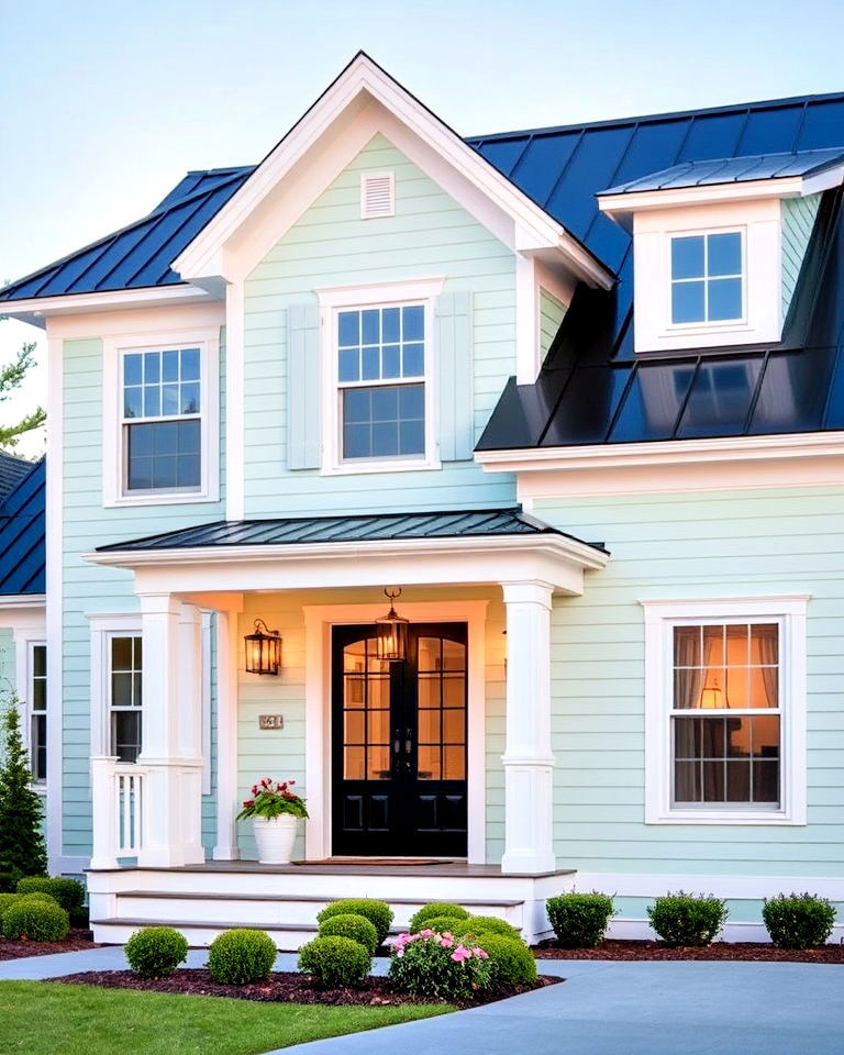 soft pastel exterior with black roof for a coastal vibe