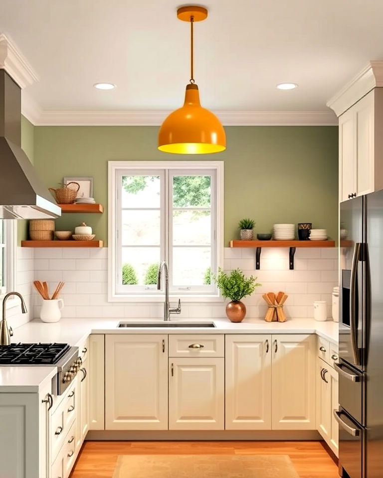 soft sage green kitchen walls with golden yellow lighting
