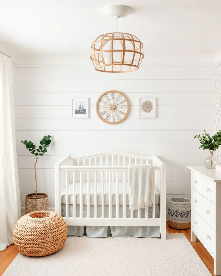 soft white walls nursery with textured accents
