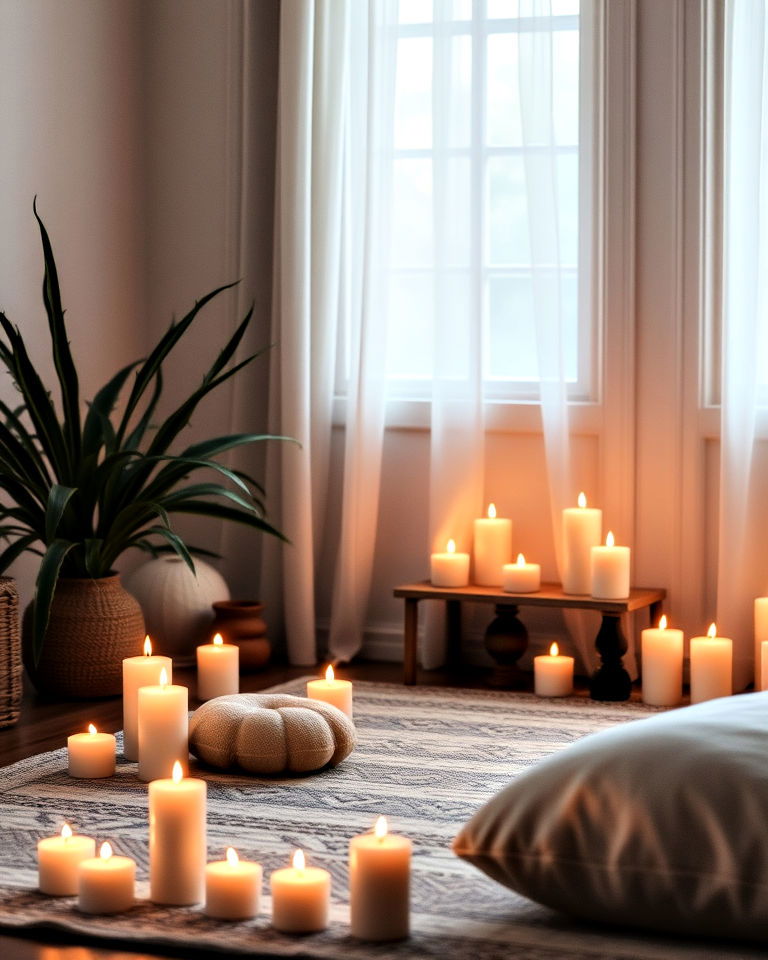 softly lit candle focused meditation space