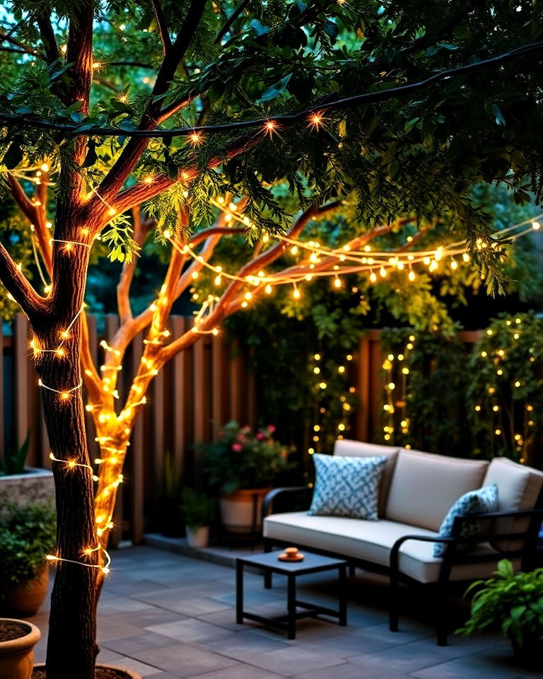 solar fairy lights on trees for a natural glow