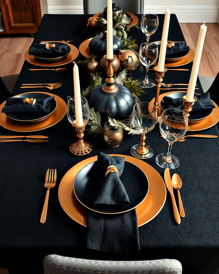 sophisticated black and gold thanksgiving table
