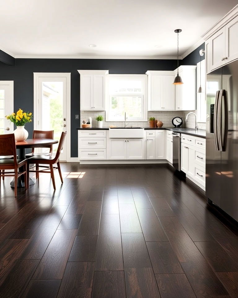 sophisticated black stained hardwood kitchen flooring
