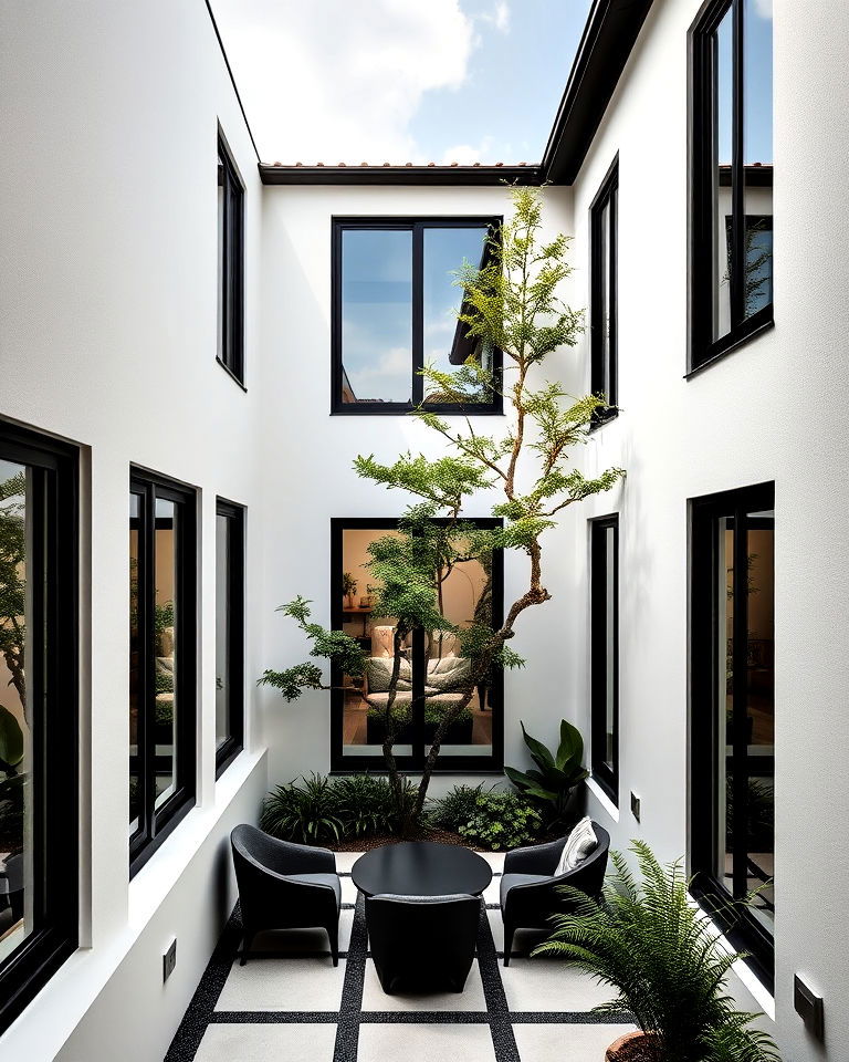 sophisticated black windows in courtyard home