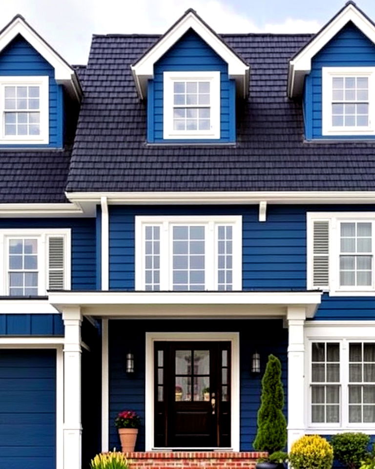 sophisticated blue exterior siding with a black roof