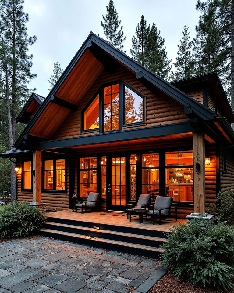 sophisticated cabin house with black windows