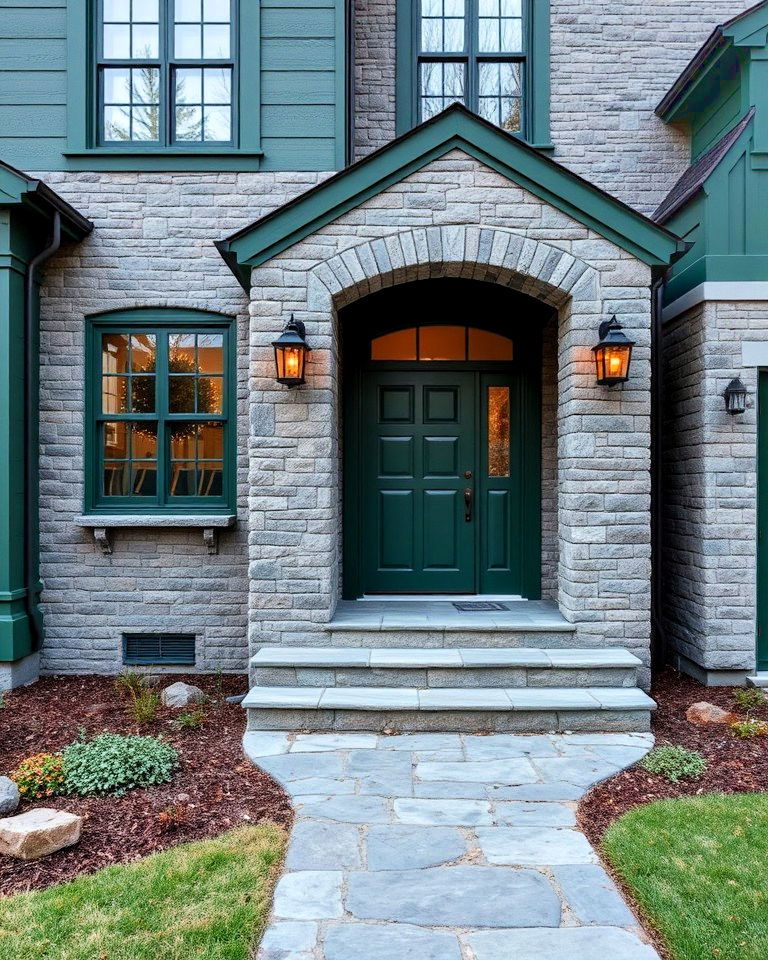 sophisticated deep green exterior with gray stonework