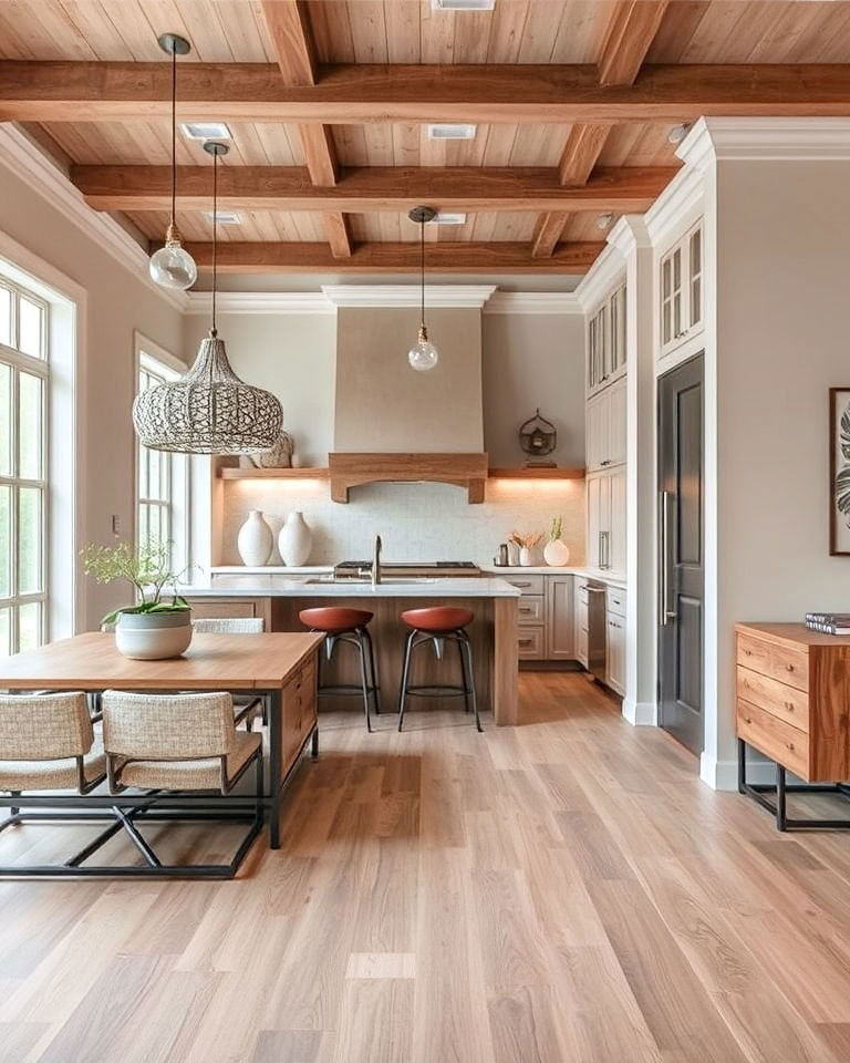 sophisticated greige hardwood kitchen flooring