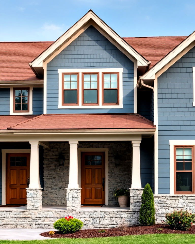 sophisticated smoky blue with a cocoa roof