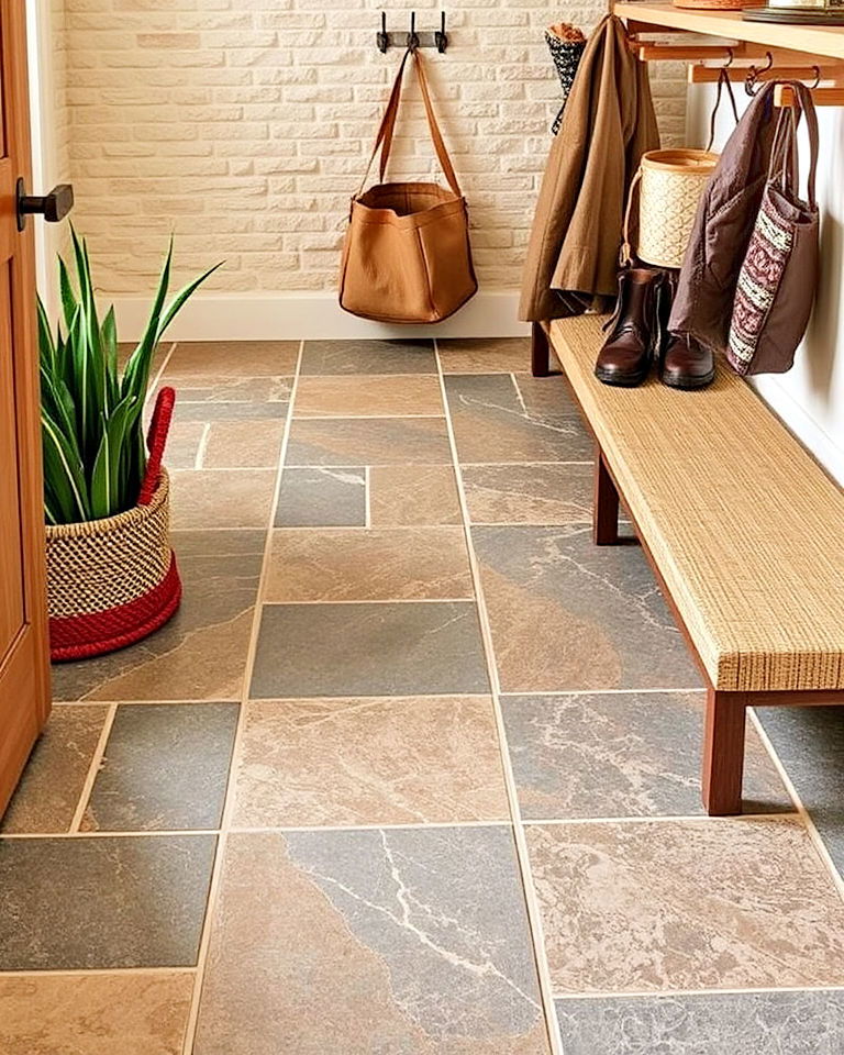 sophisticated travertine stone mudroom flooring