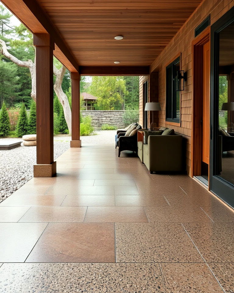 spa like concrete patio floor with pebble accents