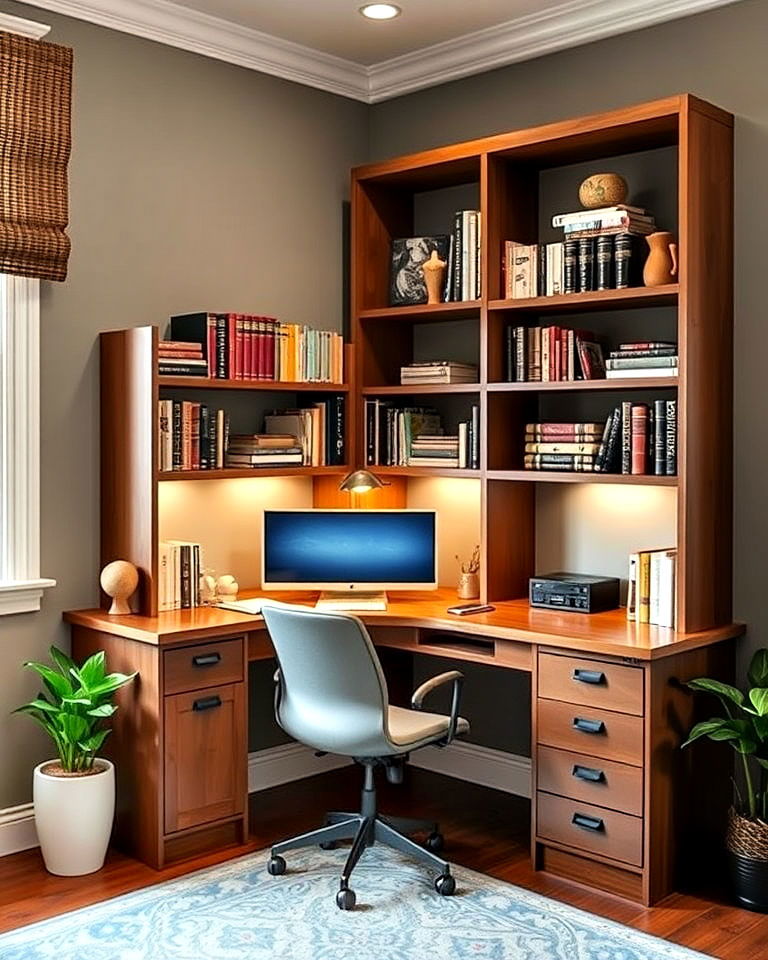 space saving corner desk with a built in bookshelf