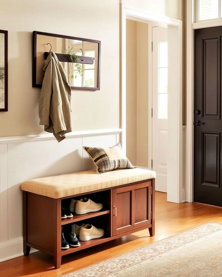 space saving shoe cabinet with cushioned top