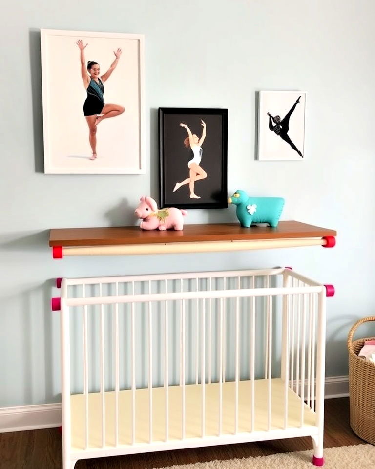 sports themed nursey with gymnastics bar décor