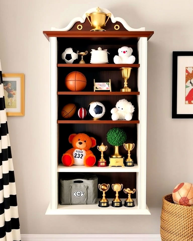 sports trophy shelf display for the nursery