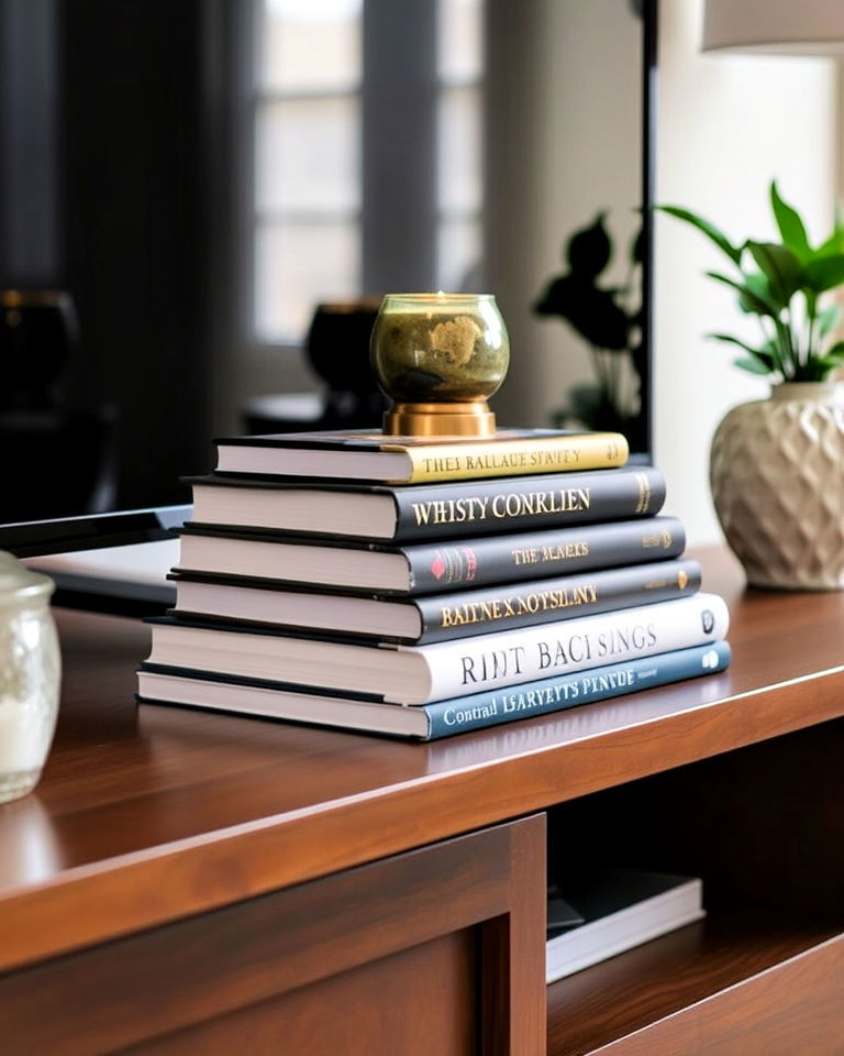 stacked books for a stylish tv console look