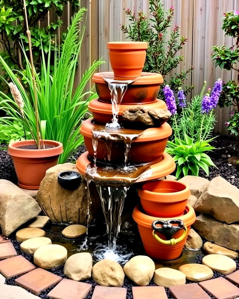 stacked pot waterfall for backyard