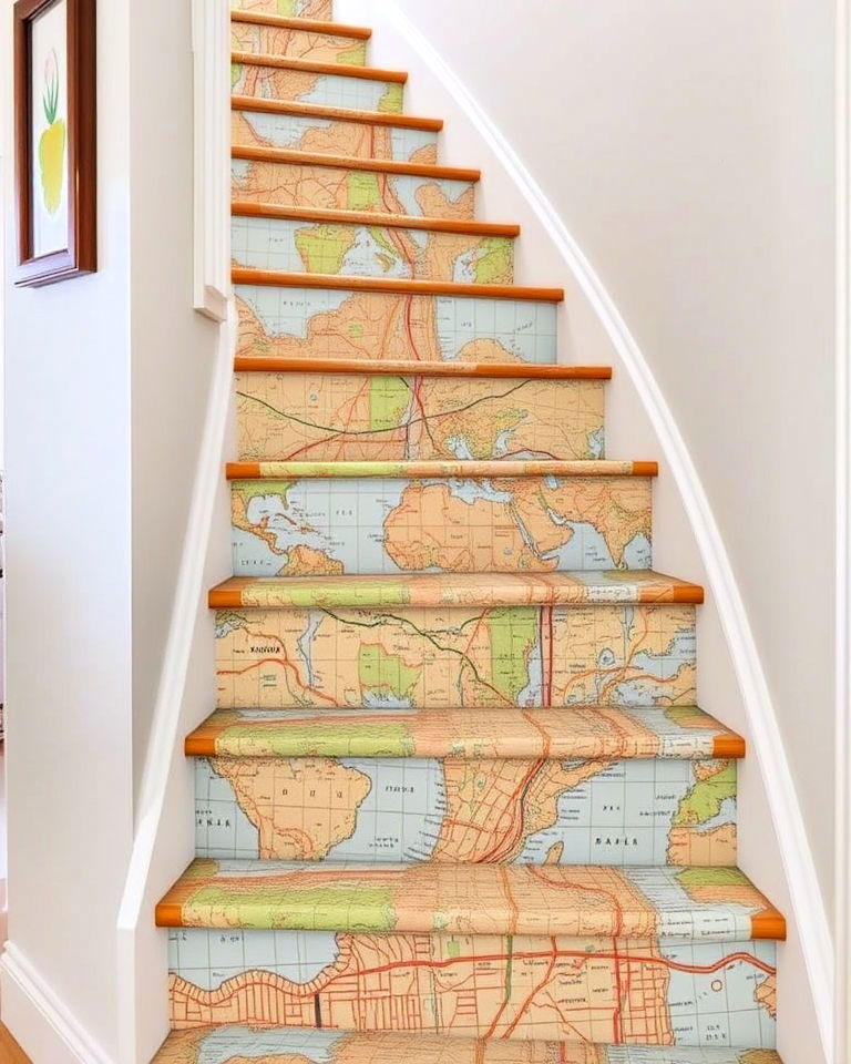 stair riser with adventurous decoupage map
