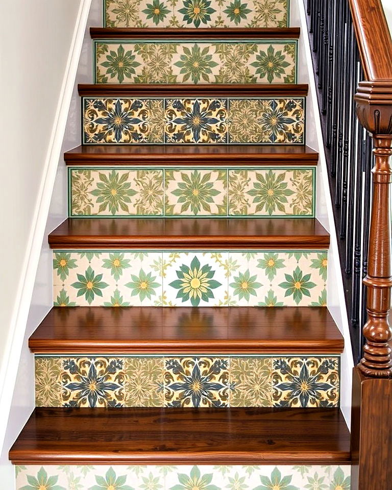 stair riser with vintage inspired tile motifs