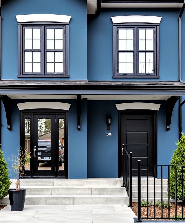 steel blue house with glossy black finish