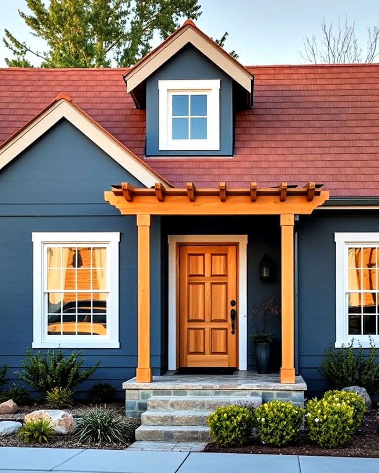 steel blue with chestnut brown roof to add depth