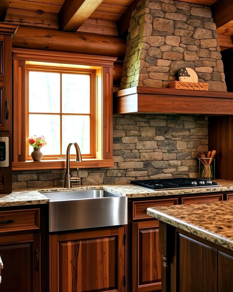 stone backsplash for a log cabin kitchen