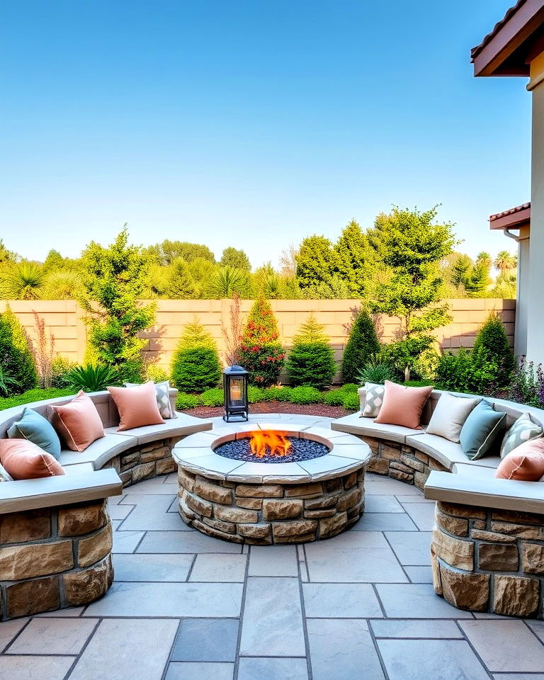 stone fire pit with built in seating