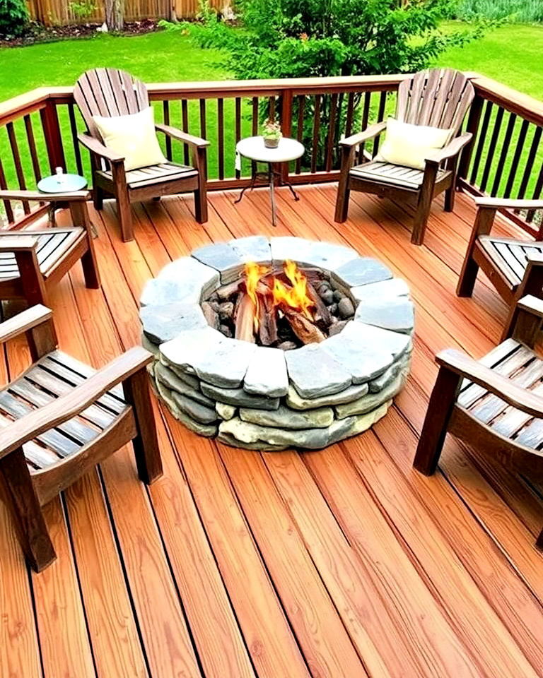 stone fire pit with wooden deck