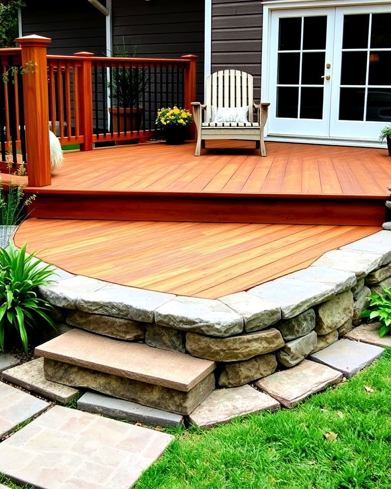 stone framed wooden deck