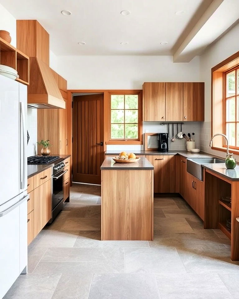 stone or slate flooring japandi kitchen
