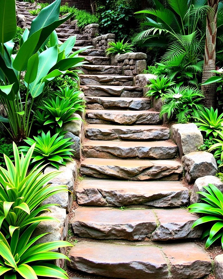 stone steps with tropical accents
