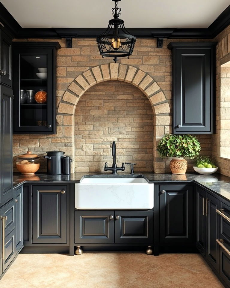 stone walls or stone veneer for gothic kitchen