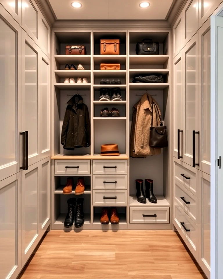 storage with floor to ceiling cabinets in boot room