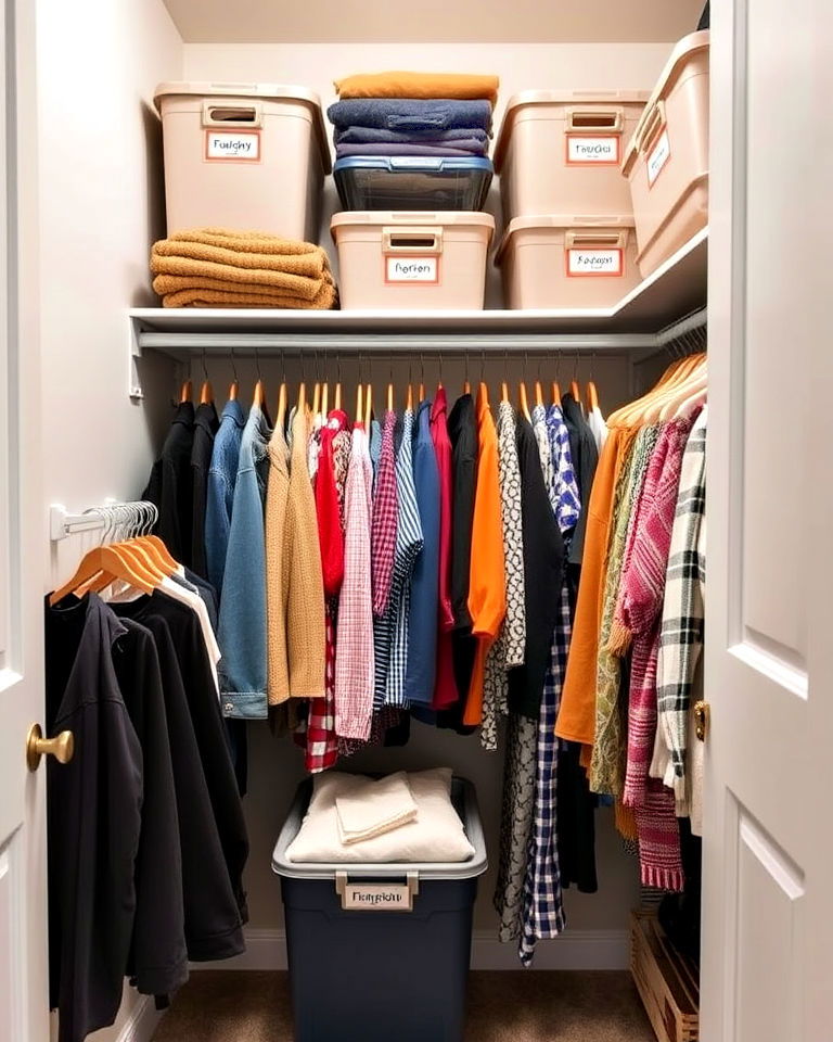 store out of season clothes in labeled totes