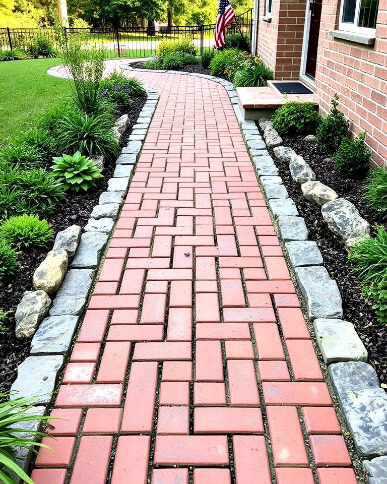 straight brick path with stone border