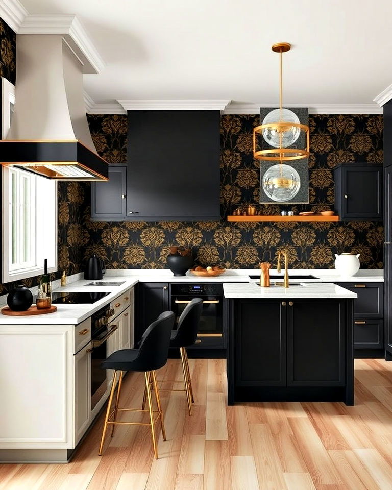 striking black and gold patterned kitchen wallpaper