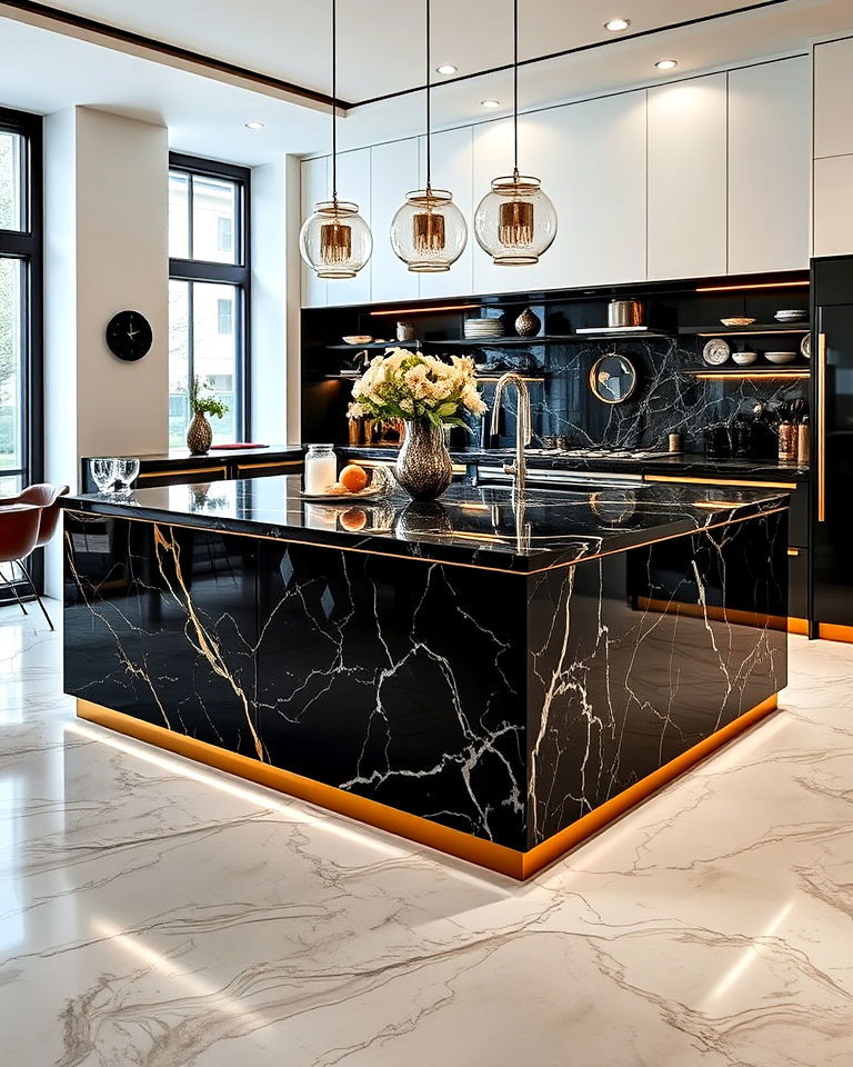 striking black marble island with luxe gold accents