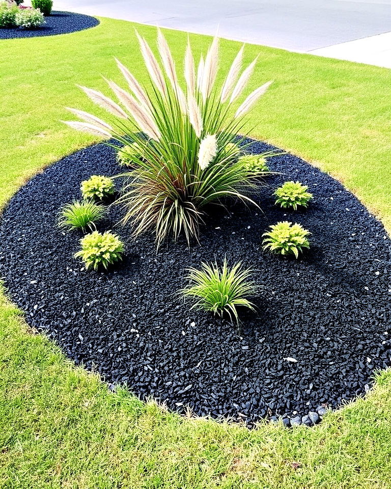 striking island beds with black mulch outline