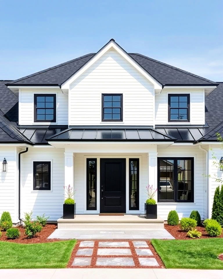 striking sleek black roof with a classic white exterior