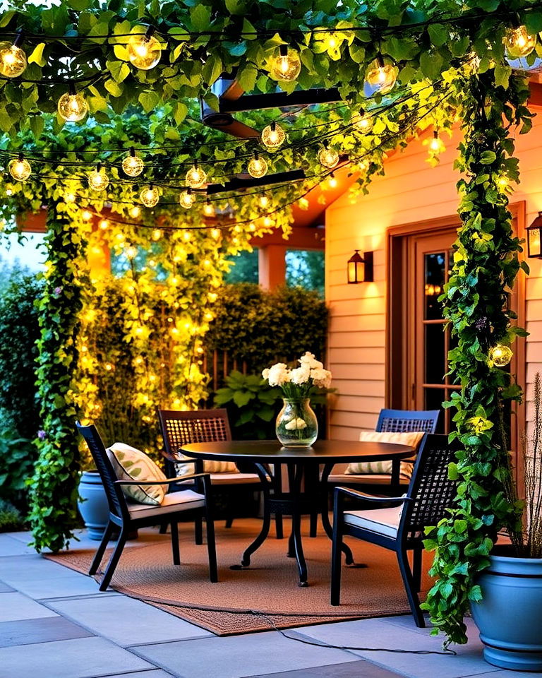 string lights with artificial ivy for a lush look