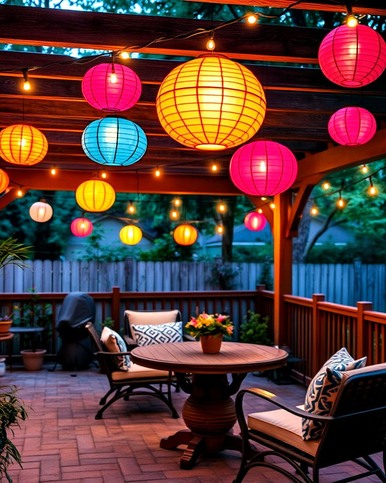 string lights with paper lanterns for bohemian flair patio